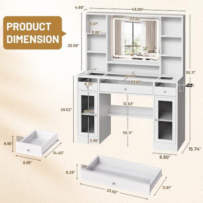 43.3" White Large Makeup Vanity Desk with Glass Top & RGB Lights, view 3