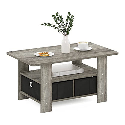 Andrey Coffee Table with Bin Drawer, French Oak Grey/Black | 2x Bin Drawers, Soft-Corner, Rectangular Side Table for Living Room, Bedroom, Home Office