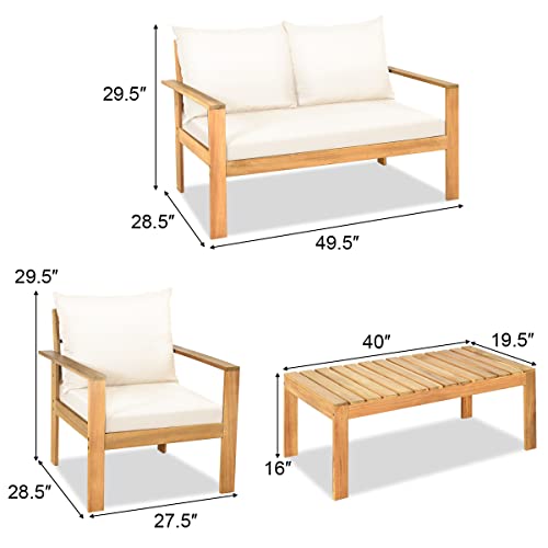 4 Piece Patio Furniture Set Outdoor Conversation Set Wood Sofa Table Set with Cushions, Acacia Wood Chairs & Coffee Table Set for Garden Backyard Poolside