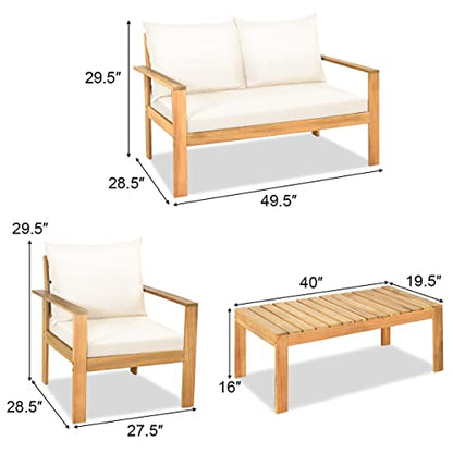 4 Piece Patio Furniture Set Outdoor Conversation Set Wood Sofa Table Set with Cushions, Acacia Wood Chairs & Coffee Table Set for Garden Backyard Poolside