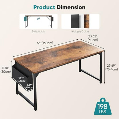 Computer Desk 63 Inch Home Office Desks for Small Spaces, Gaming Writing Study Work Table with Storage Bag and Headphone Hook for Bedroom, Rustic Brown