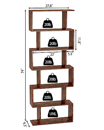 Geometric Bookcase, Bookshelf 6-Tier S Shaped Book Shelves for Bedroom, Modern Wood Decorative Display Shelf Tall Book Case for Home Office, Rustic Brown