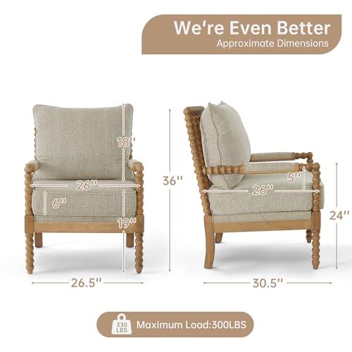 Linen Fabric Spindle Accent Chair with Wood Frame, French Style Accent Chairs with Padded Spring Seat and Armrest Pads, Brushed Base for Living Room Bedroom Farmhouse Office Balcony(Beige)