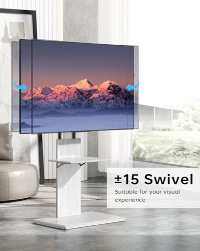 Floor TV Stand for 32-70" TVs, Height Adjustable, Media Shelf | White Furniture-style design with ±15° swivel, Supports up to 99 lbs, sturdy wood base for living room, Max VESA 600×400mm