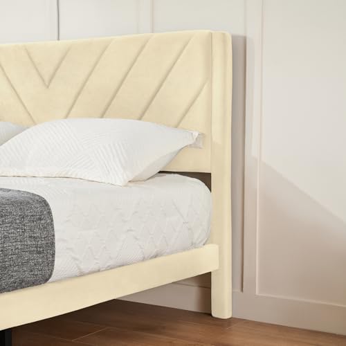 Queen Size Platform Bed Frame with Velvet Headboard, Wing Edge, view 5