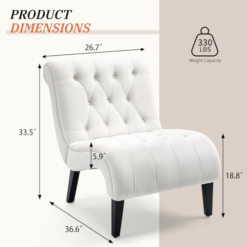 Cream White Frosted Velvet Tufted Accent Chair with Wood Legs | Wide Thick Cushion; Non-Slip Rubber Wood Legs; Ergonomic Back; Easy Assembly; For Living Room Bedroom