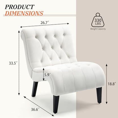Cream White Frosted Velvet Tufted Accent Chair with Wood Legs | Wide Thick Cushion; Non-Slip Rubber Wood Legs; Ergonomic Back; Easy Assembly; For Living Room Bedroom