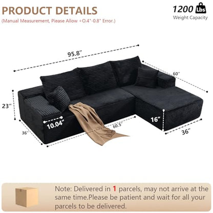 Sectional Couches for Living Room Cloud Couch Sofa with L-Shape Couch in a Box Upholstered Boneless Couchs Modern Modular Sectional Couch with Chaise(Black,3 Seater-Right-Facing Chaise-96)