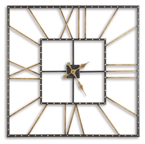 Signature Design by Ashley Thames Modern 40" Square Metal Roman Numeral Wall Clock, Black & Gold