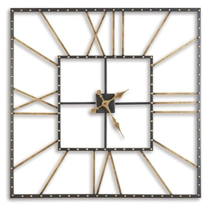Signature Design by Ashley Thames Modern 40" Square Metal Roman Numeral Wall Clock, Black & Gold