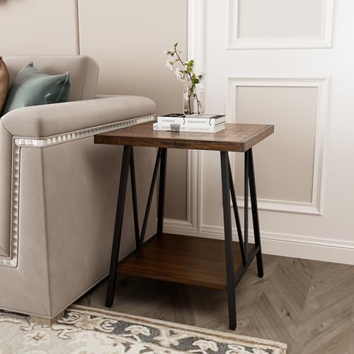 2 Tier Square Industrial End Table, Wooden Bedside Table with Saw Marks Top and Black Metal Legs, Sofa Side Table for Living Room, Bedroom, Office, Waiting Room, Dark Walnut, 20x20x24in