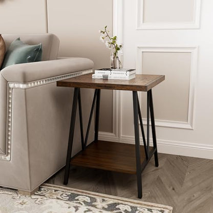 2 Tier Square Industrial End Table, Wooden Bedside Table with Saw Marks Top and Black Metal Legs, Sofa Side Table for Living Room, Bedroom, Office, Waiting Room, Dark Walnut, 20x20x24in