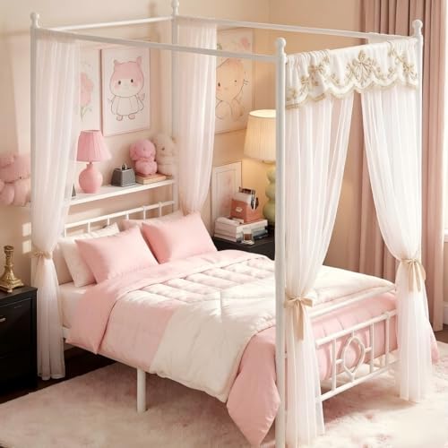 Full Canopy Bed Frame with Storage Headboard,Noise-Free,White, view 5