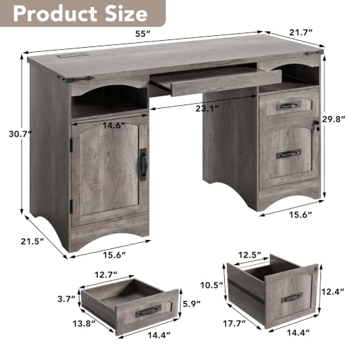 55'' Farmhouse Executive Desk with Drawers & Charging Station, Grey, view 3