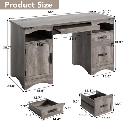 55'' Farmhouse Executive Desk with Drawers & Charging Station, Grey, view 3