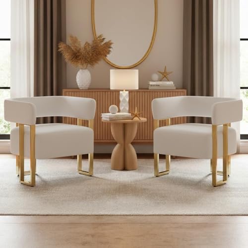 Mid Century Modern Living Room White Boucle Accent Chair Set of 2, Gold Leg | Upholstered Teddy Fleece Cloud Barrel Armchairs Sets w/ Curved Back For Bedroom Lounge Office Dorm Preppy Decor