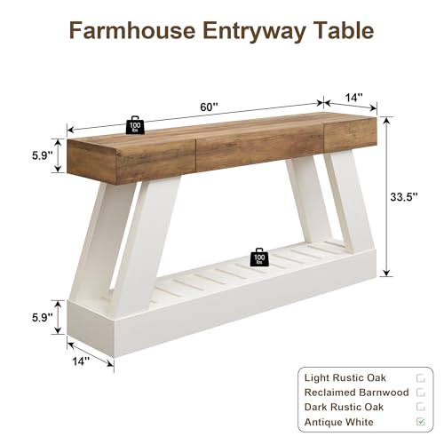 60" Farmhouse Entryway Table with Drawer, Console Table Behind Sofa, Narrow Long Entryway for Hallway, Living Room, Hallway, Behind Couch(Antique White)