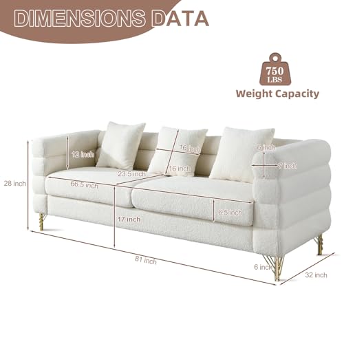 Modern Sofa Couch, 81" W Teddy Bouclé Oversized Loveseat Cloud Sofa, Upholstered Tufted Comfy Deep Seat Couch with Gold Legs & Pillows for Living Room, Bedroom, Office, Apartment((3 Seater, White)