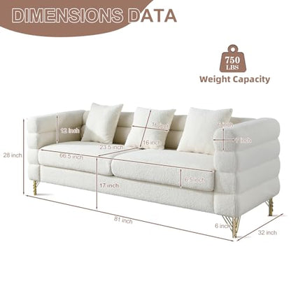 Modern Sofa Couch, 81" W Teddy Bouclé Oversized Loveseat Cloud Sofa, Upholstered Tufted Comfy Deep Seat Couch with Gold Legs & Pillows for Living Room, Bedroom, Office, Apartment((3 Seater, White)