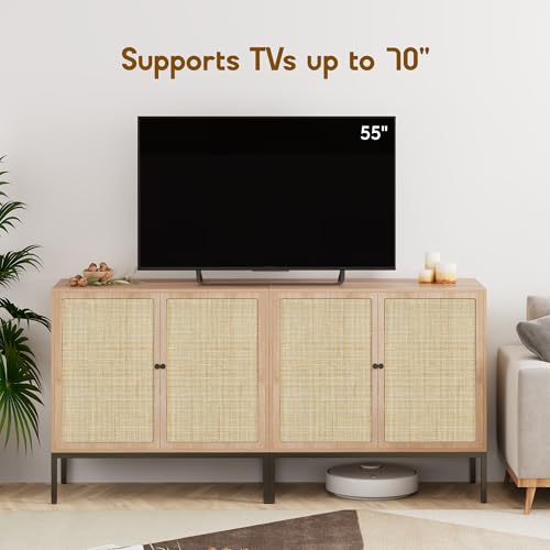 Rattan Sideboard Cabinet with 2 Doors, 31.5" Boho Buffet Credenza with Metal Legs, Natural Cane Accent Storage Cabinet for Living Room, Dining Room, Entryway, Set of 2