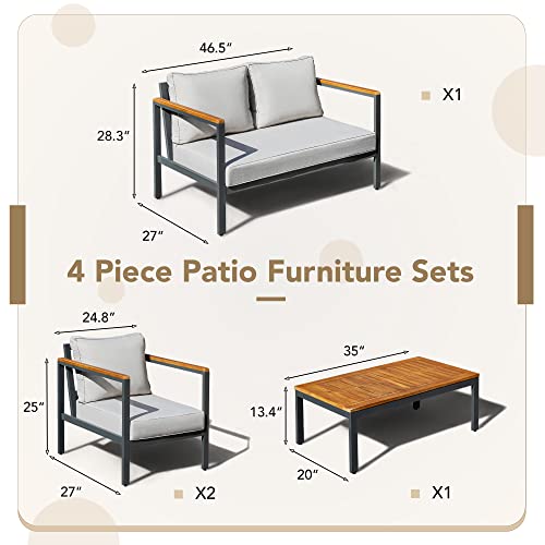 4 Pieces Patio Furniture Sets Outdoor Conversation Set Acacia Wood Sofa Set with Coffee Table Thicker Sponge Cushion