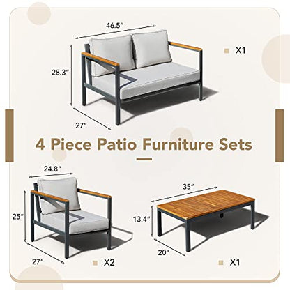 4 Pieces Patio Furniture Sets Outdoor Conversation Set Acacia Wood Sofa Set with Coffee Table Thicker Sponge Cushion