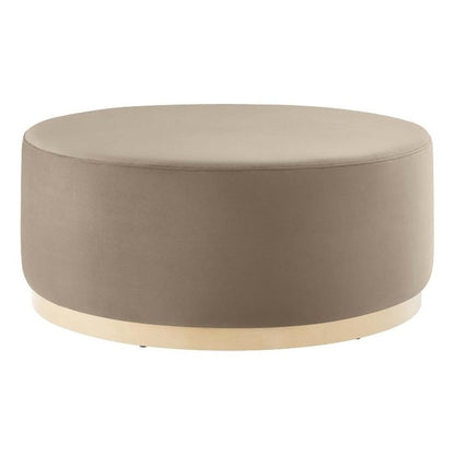 Tilden 38 Inch Round Performance Velvet Upholstered Ottoman in Taupe Natural - Round Ottoman Coffee Table for Living Room, Large Ottoman Foot Rest with Rubberwood Plinth Base