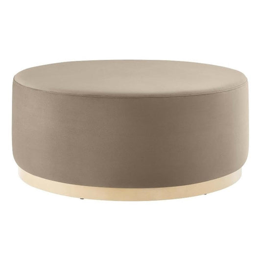 Tilden 38 Inch Round Performance Velvet Upholstered Ottoman in Taupe Natural - Round Ottoman Coffee Table for Living Room, Large Ottoman Foot Rest with Rubberwood Plinth Base