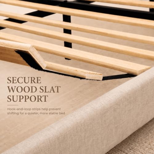 Solid Wood Queen Bed Frame with Upholstered Headboard, Beige, view 7