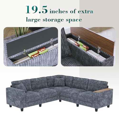 97” Modular Sectional Sofa Corduroy Couch Sectional with 2 Pillows Oversized Sectional Sofa L Shaped Couch Armrests with Two Hidden Storage Space Sectional Couches for Living Room Grey