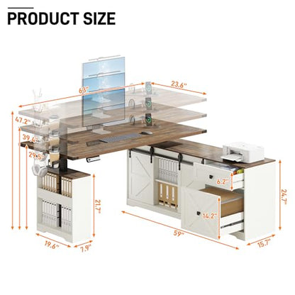 63" Farmhouse L Shaped Electric Standing Desk with Sliding Door Storage, Height Adjustable Sit Stand Corner Computer Desk with Power Outlets, Drawers & Cup Holder for Home Office, White