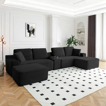 150 Inch Modular Sectional Sofa Couch, Oversized Modern Cloud Couch for Living Room, U Shape Couches with 2 Ottomans, USB Ports and Cup Holders, Black Corduroy Boneless Sofas, Sofa in a Box