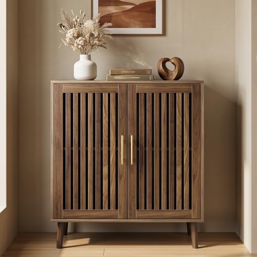 Sideboard Cabinet, 31.5" W Farmhouse Buffet Cabinet with Slatted Doors & Adjustable Shelf, Wood Coffee Bar Storage Station for Kitchen, Dining Room, Living Room, Entryway, Walnut Color