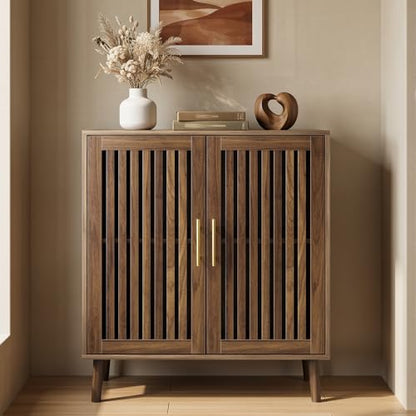Sideboard Cabinet, 31.5" W Farmhouse Buffet Cabinet with Slatted Doors & Adjustable Shelf, Wood Coffee Bar Storage Station for Kitchen, Dining Room, Living Room, Entryway, Walnut Color