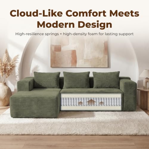 Modular Sectional L-Shaped Sofa with Deep Seat, Modern Boneless Comfy Corduroy Fluffy Couch with Side Pockets and Anti-Slip & Floor-Friendly Bottom for Living Room, No Assembly, Green