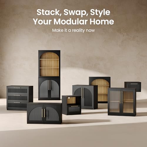 Set of 2 Accent Sideboard Cabinets, 62" Modular Credenza, Black, view 4