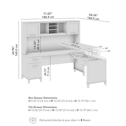 72-Inch L-Shaped Sit to Stand Desk with Hutch, Adjustable Height Standing Corner Computer Desk with Drawers, Shelves and Storage Cabinet, Home Office, Somerset Collection, Storm Gray