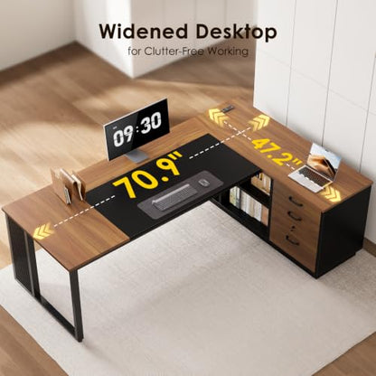 Executive 71 Inch L Shaped Desk with File Cabinet, Walnut+Black, view 4
