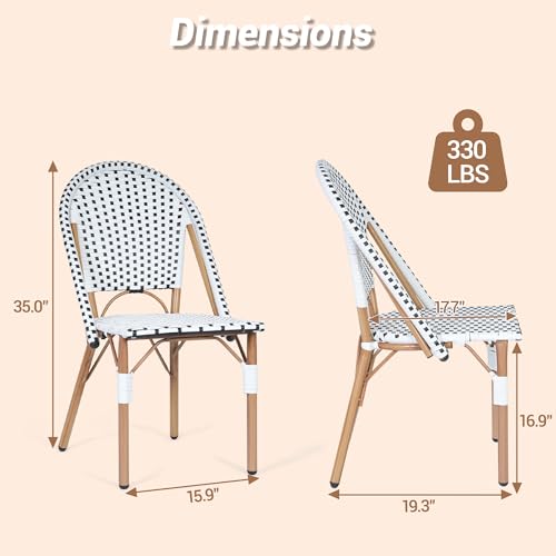 Patio French Chairs Set of 2, Outdoor Hand-Woven PE Wicker Armless Dining Chairs w/Metal Frame, Rattan Bistro Chairs for Front Porch Garden Deck Balcony Poolside, White/Black