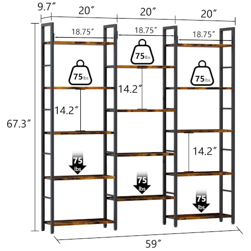 Triple 5 Tier Bookshelf, Industrial Large Bookcase with 14 Open Display Shelves, Large Etagere Bookshelf,Wide Book Shelf Book Case for Home & Office, Brown