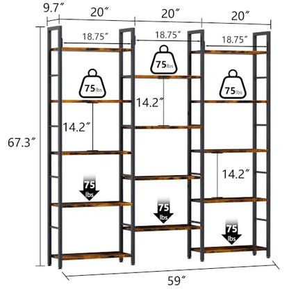 Triple 5 Tier Bookshelf, Industrial Large Bookcase with 14 Open Display Shelves, Large Etagere Bookshelf,Wide Book Shelf Book Case for Home & Office, Brown