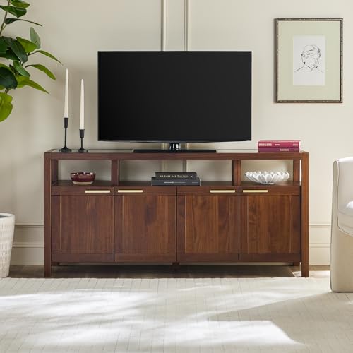 Isla Modern Solid Wood TV Stand with Tempered Glass Top and Shadow Box Shelf, 58 Inch, Walnut
