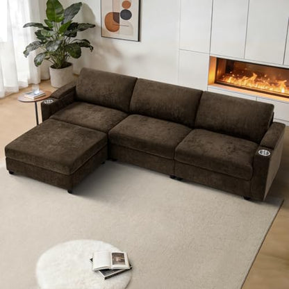 108'' Chenille Sectional Couch with Storage Armrests,L Shaped Upholstered Sofa with Movable Ottoman, 4-Seat Modular Couch with Cup Holders for Living Room, Brown