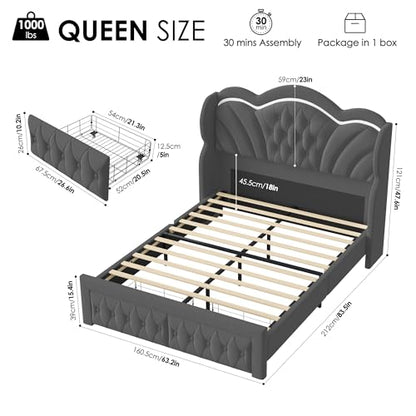 Queen Bed Frame with LED Lights and 2 Storage Drawers, Velvet Upholstered Platform with 47" Tall Arc-Shaped Wingback Headboard and Button Tufted Design, No Box Spring Needed, Noise-Free, Gray