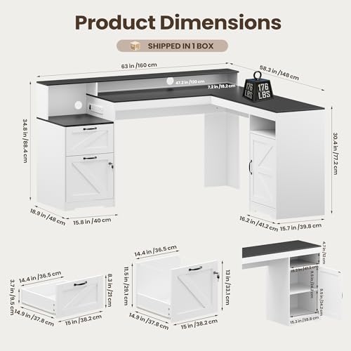 63" Farmhouse L Shaped Executive Desk, Corner Computer Desk with Drawers & Storage Shelf, Home Office Desk with Power Outlet, Monitor Stand, Wood Grain Desktop, White & Black