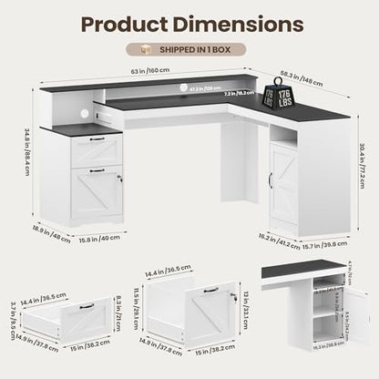63" Farmhouse L Shaped Executive Desk, Corner Computer Desk with Drawers & Storage Shelf, Home Office Desk with Power Outlet, Monitor Stand, Wood Grain Desktop, White & Black