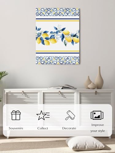 NuYeBiofx Lemon Moroccan Geometric Canvas Wall Art Prints,40"x28" Framed Picture Artwork Summer Wildflower Leaves Printed Canvas Oil Painting for Living Room Bedroom Office,Ready to Hang