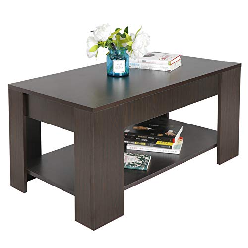 Modern Lift Top Coffee Table w/Hidden Compartment and Storage Shelves Pop-Up Storage Cocktail Table for Living Room Reception Room
