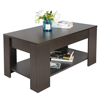 Modern Lift Top Coffee Table w/Hidden Compartment and Storage Shelves Pop-Up Storage Cocktail Table for Living Room Reception Room