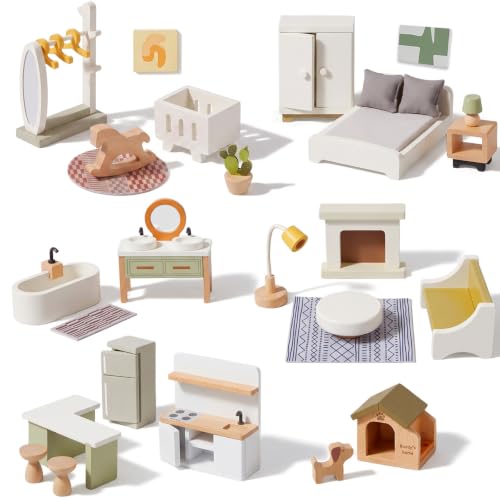33 PCS Wooden Dollhouse Furniture Set, Modern Doll House Accessories with Bedroom, Kitchen, Bathroom, Nursery & Living Room, Montessori Pretend Play Toys for Kids Girls Boys Age 3+